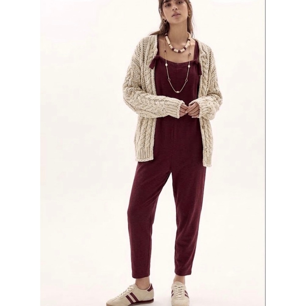 Burgundy Tie Shoulder Wide Leg Jumpsuit XL Coquette Romantic Minimalist